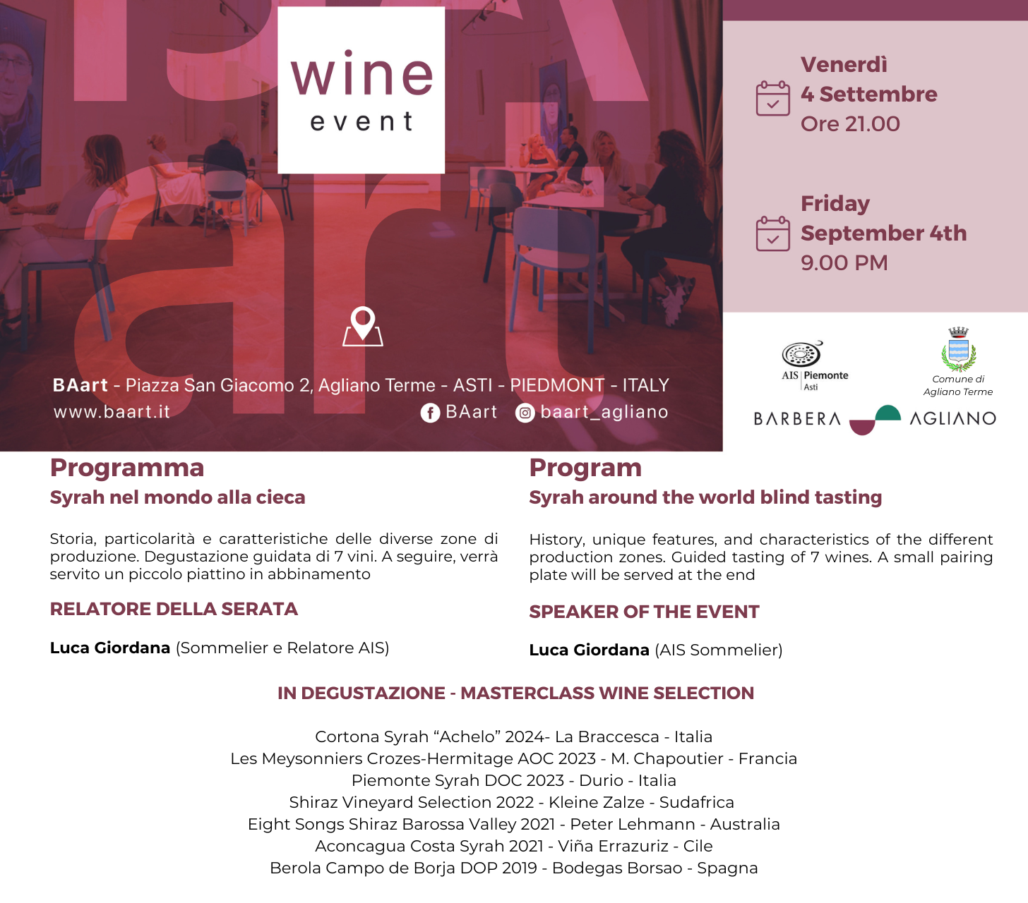 Masterclass- Syrah nel mondo alla cieca -  Agliano Terme