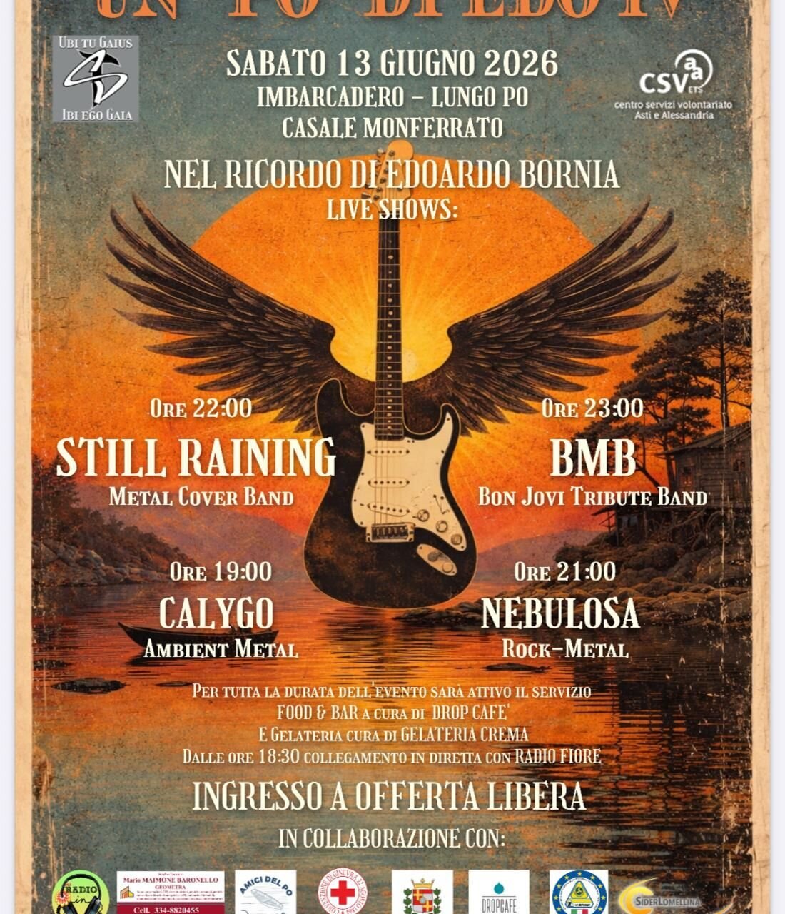 ROCK SOLIDALE: SABATO 13 GIUGNO QUATTRO BAND RICORDANO EDO BORNIA IN RIVA AL FIUME PO